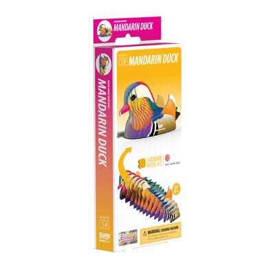 EUGY Mandarin Duck 3D card model kit in its tall illustrated retail box