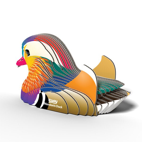 Built EUGY Mandarin Duck card model with orange sails and purple chest, side view