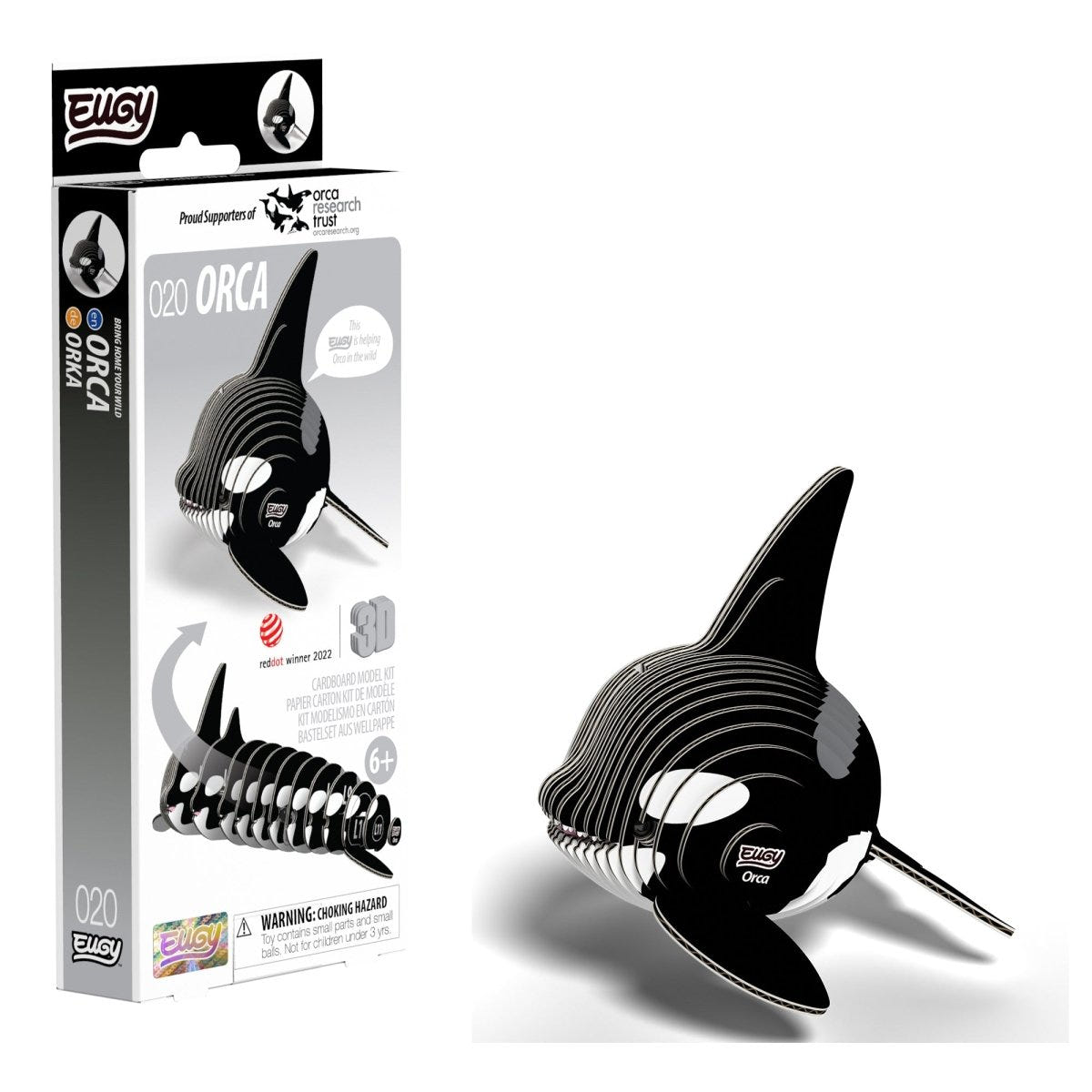 EUGY Orca 3D cardboard model kit - finished model with its box