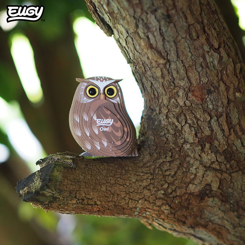 EUGY Owl 3D cardboard model kit - built model on display