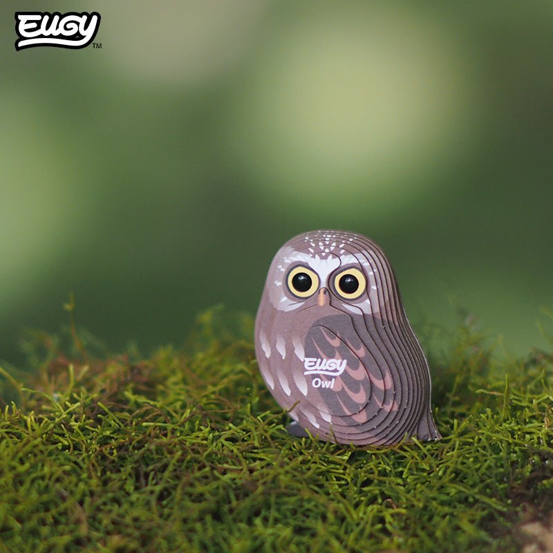 EUGY Owl 3D cardboard model kit - built model on display