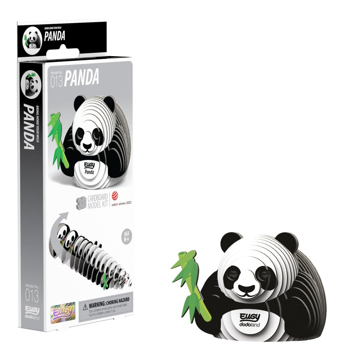 EUGY Panda 3D cardboard model kit - finished model with its box