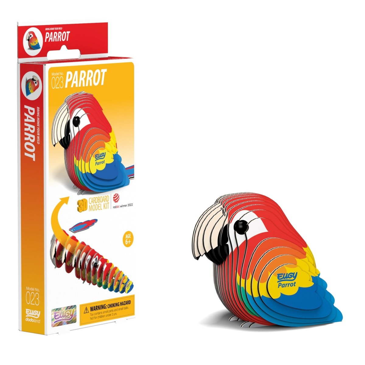 EUGY Parrot 3D cardboard model kit - finished model with its box