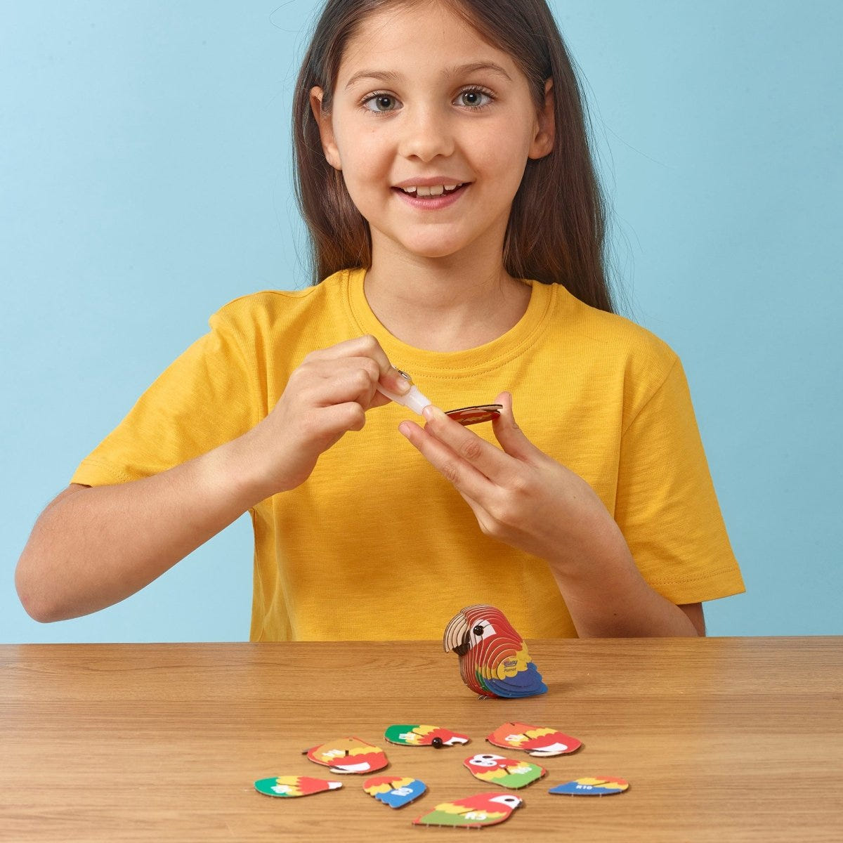 EUGY Parrot 3D cardboard model kit - child gluing the pieces