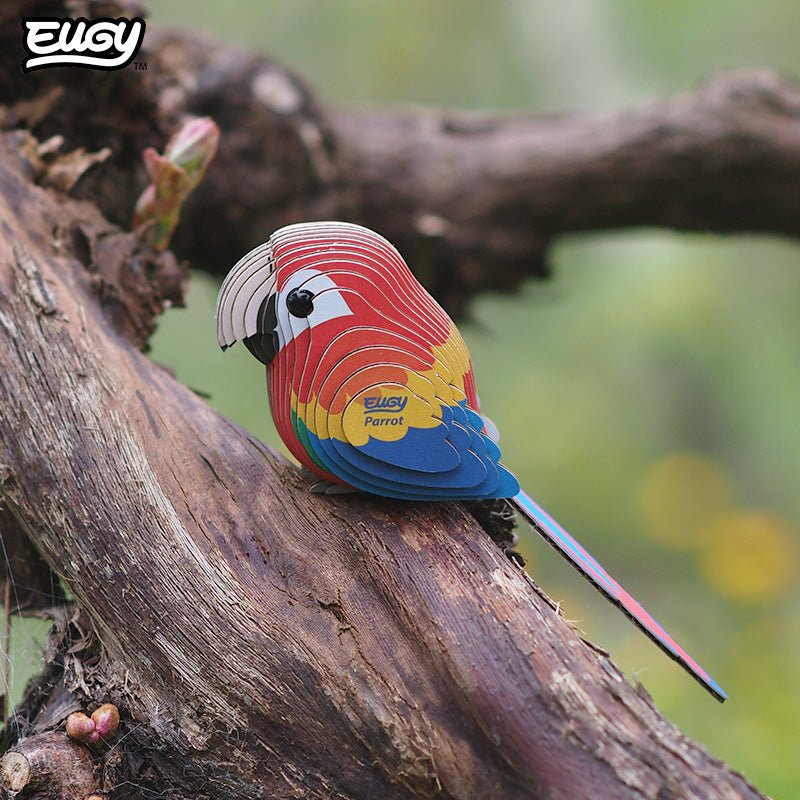 EUGY Parrot 3D cardboard model kit - built model on display