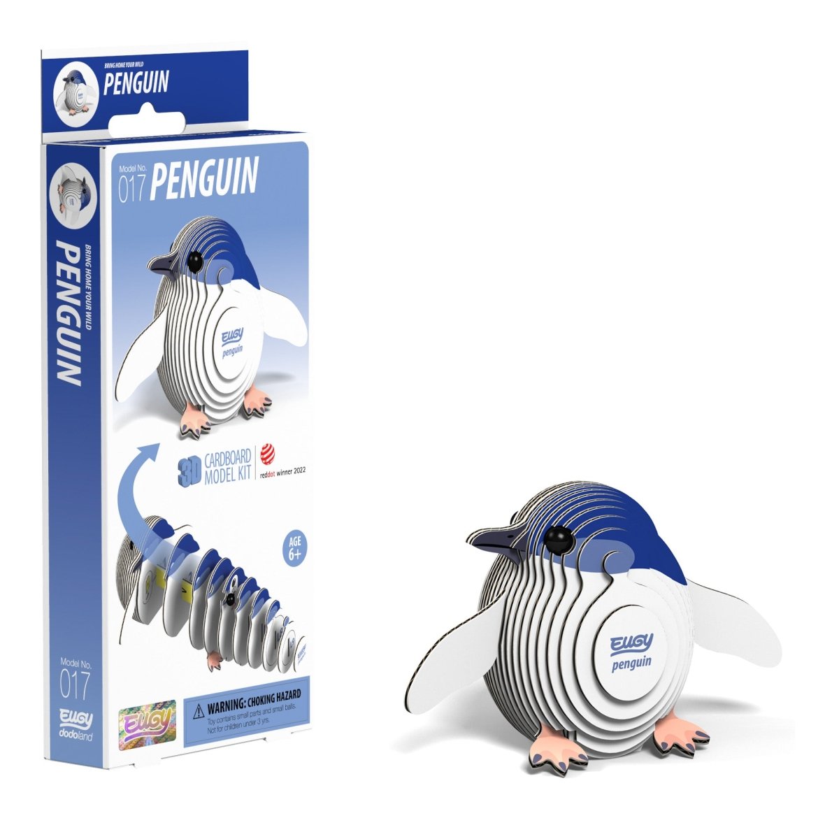 EUGY Penguin 3D cardboard model kit - finished model with its box