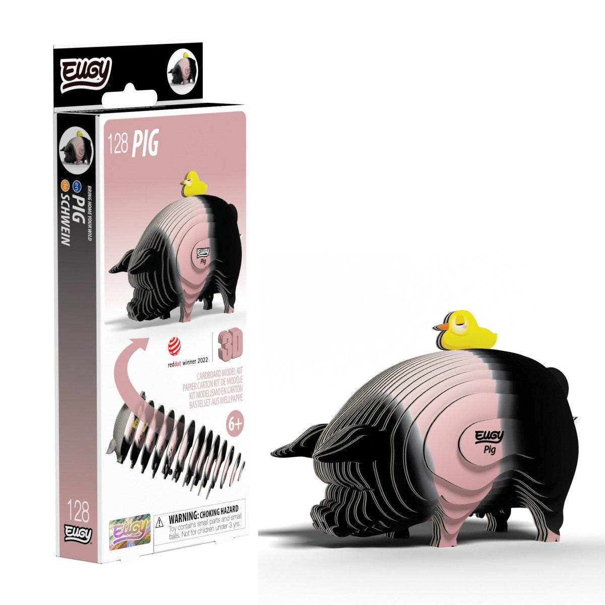 EUGY Pig 3D cardboard model kit - finished model with its box