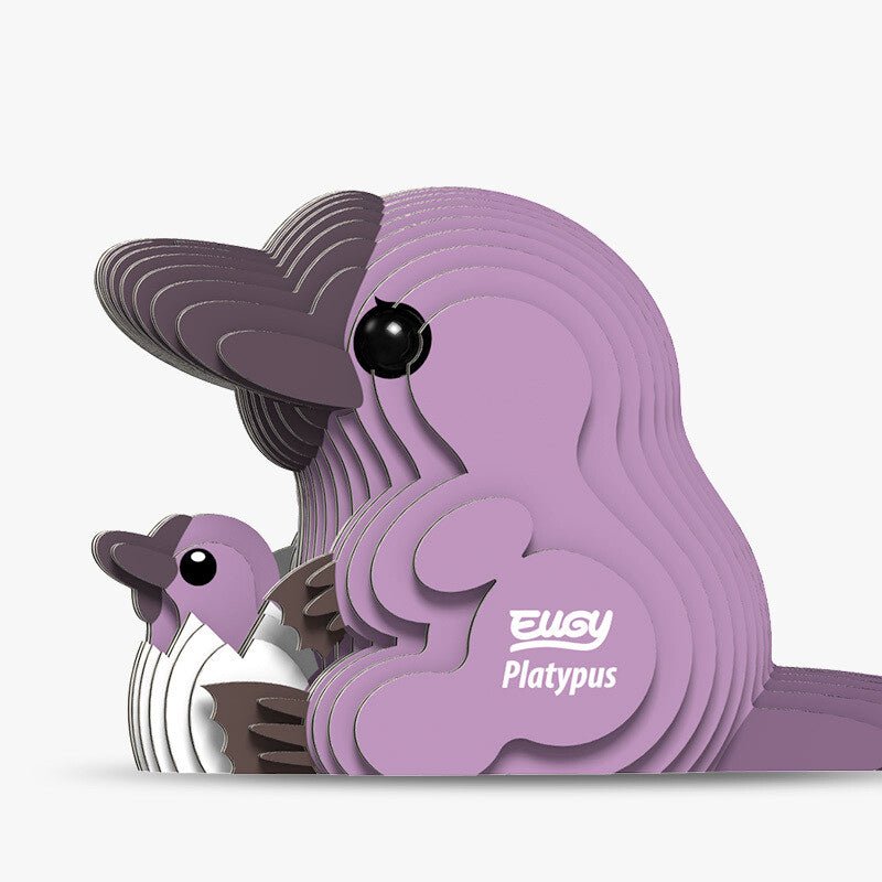 Built EUGY Platypus card model in lilac with a small platypus baby, side view