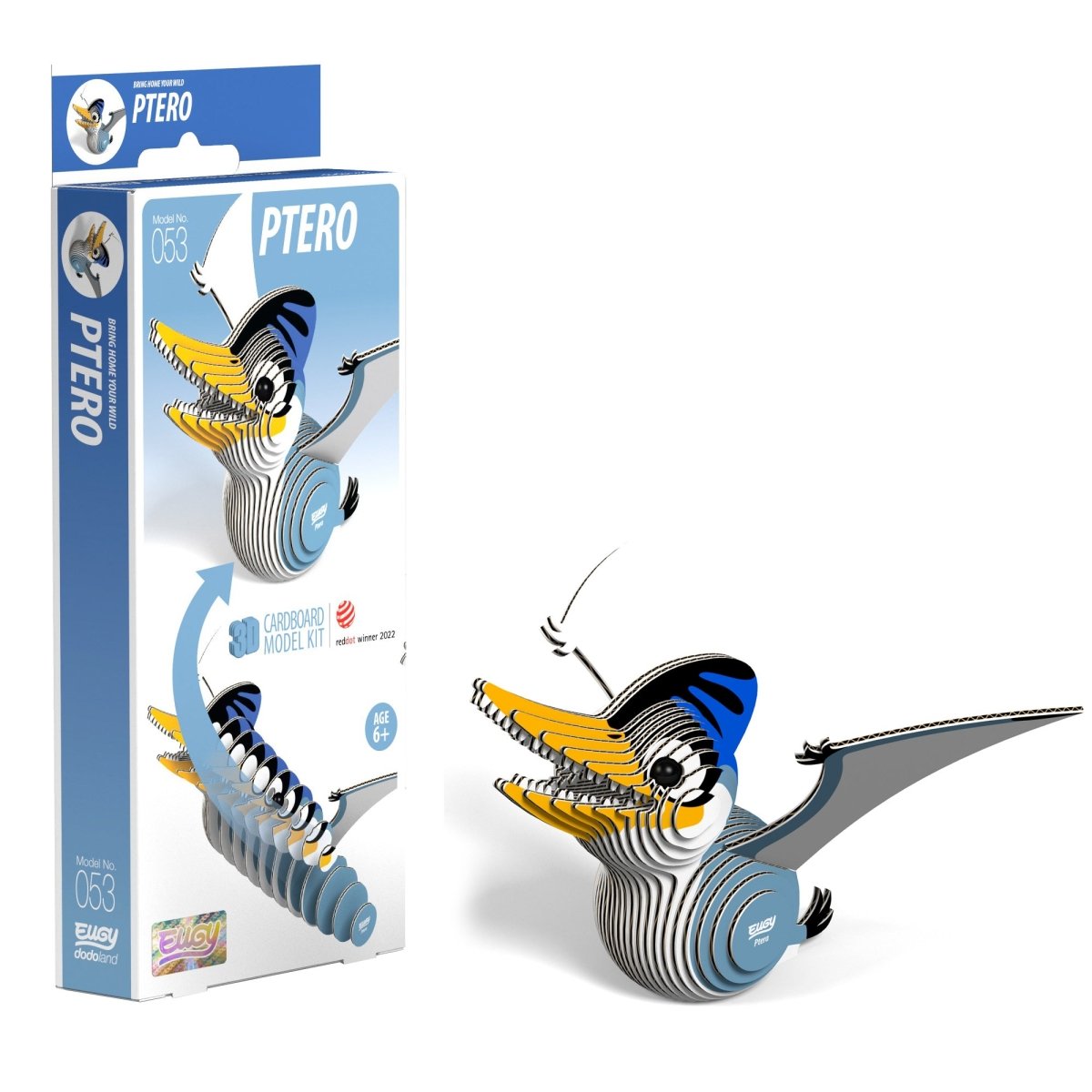 EUGY Ptero 3D cardboard model kit - finished model with its box