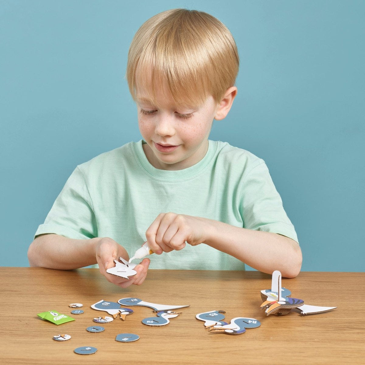 EUGY Ptero 3D cardboard model kit - child gluing the pieces