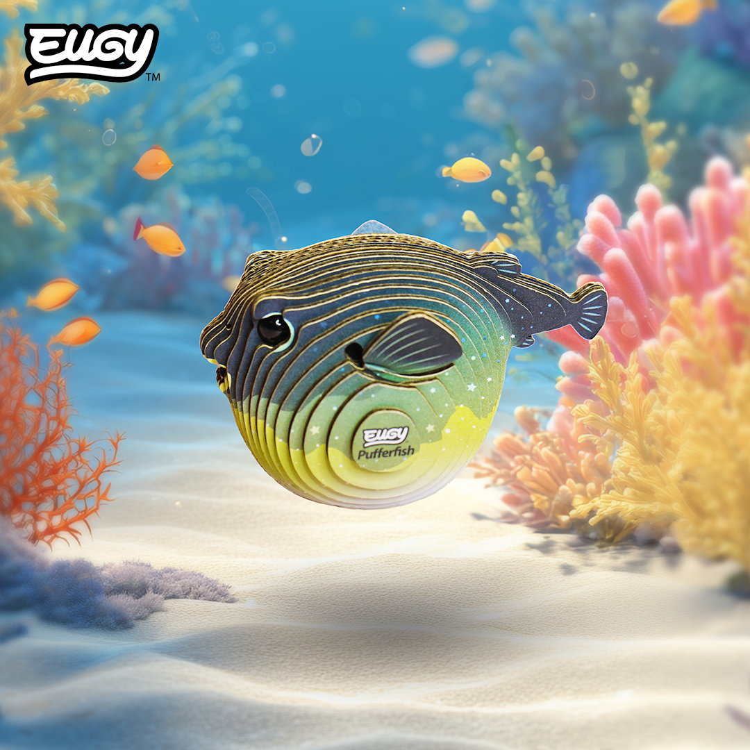 EUGY Pufferfish 3D cardboard model kit - built model on display