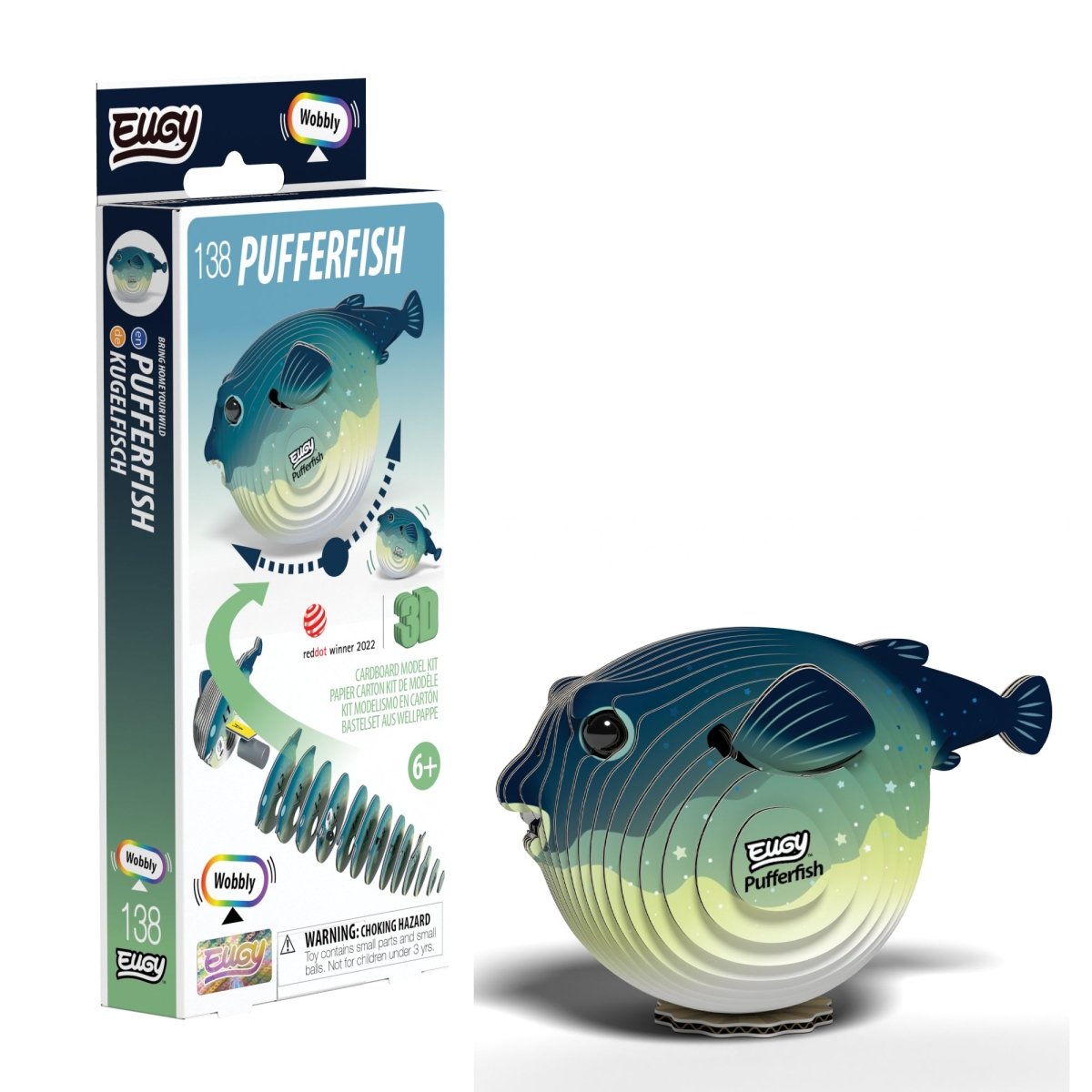 EUGY Pufferfish 3D cardboard model kit - finished model with its box