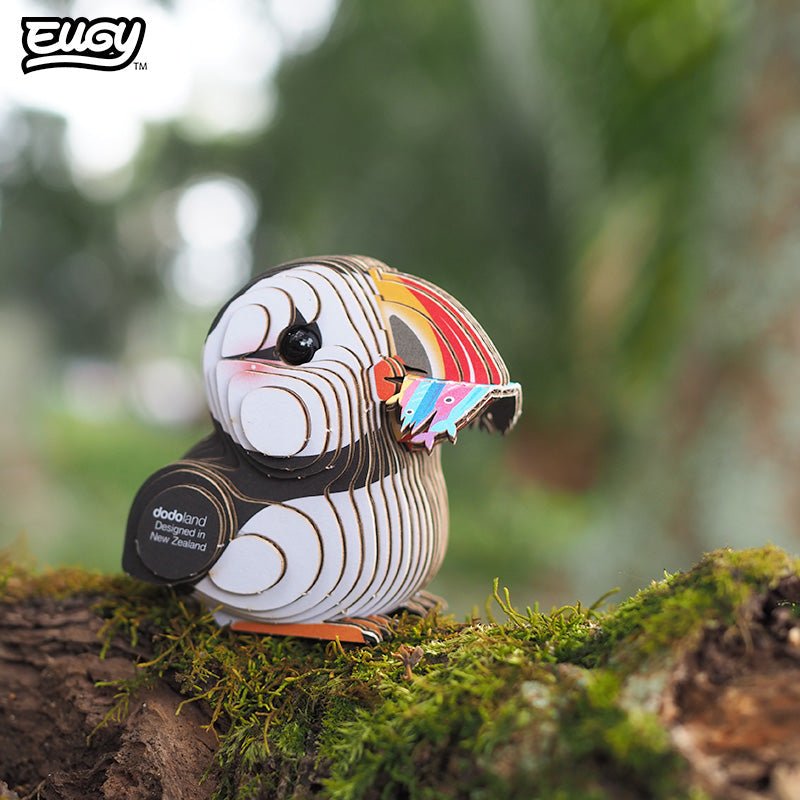 EUGY Puffin 3D cardboard model kit - built model on display