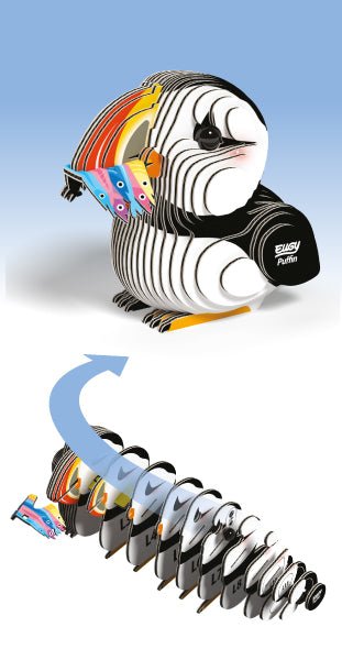 EUGY Puffin finished card model above an exploded view of its numbered card slices stacking together