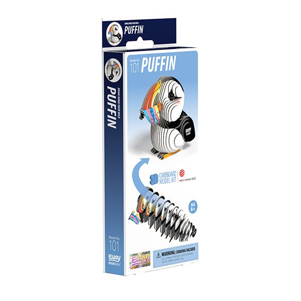 EUGY Puffin 3D card model kit box front, a tall blue box showing the finished puffin and its slices