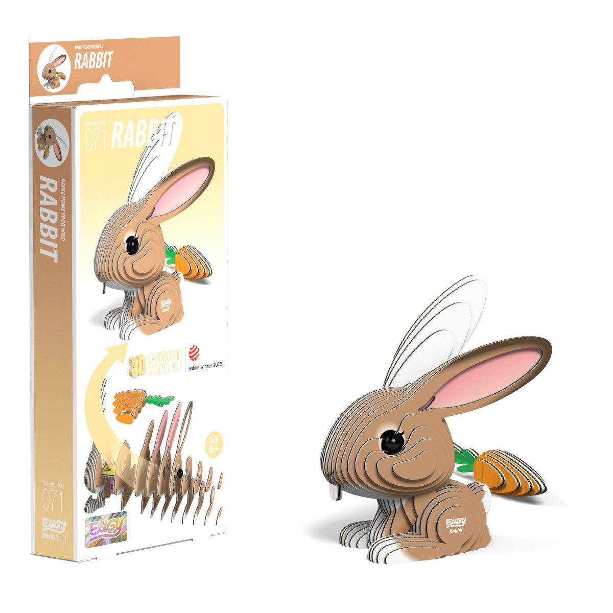 EUGY Rabbit 3D cardboard model kit - finished model with its box