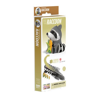 EUGY Raccoon 3D card model kit box front, a tall gold box with the finished raccoon
