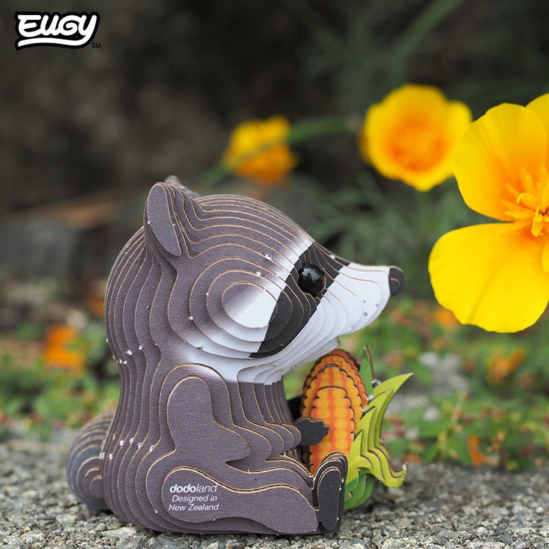 EUGY Raccoon 3D cardboard model kit - built model on display