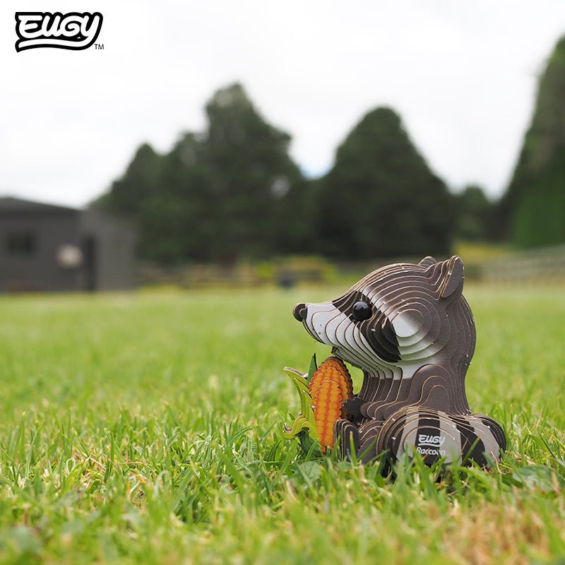 EUGY Raccoon 3D cardboard model kit - built model on display