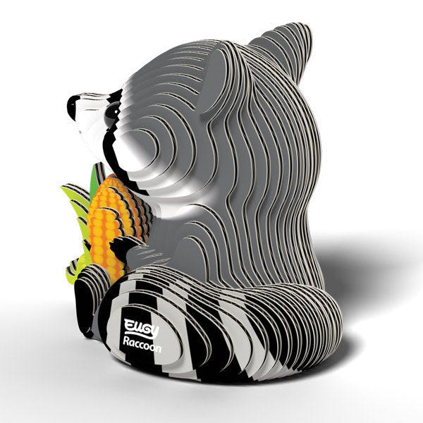 EUGY Raccoon card model, side view showing the stacked card layers and striped tail