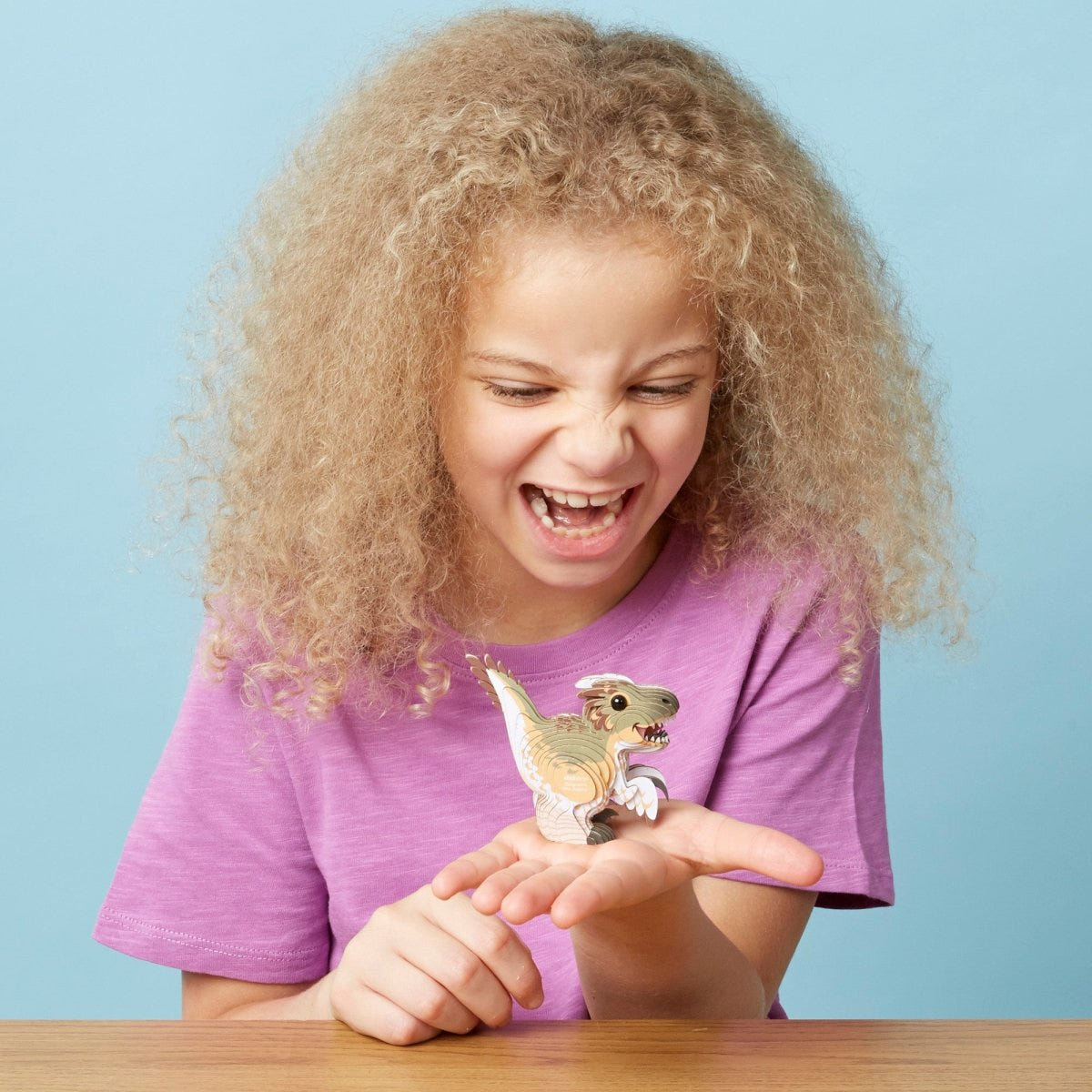 EUGY Raptor 3D cardboard model kit - child with the finished model