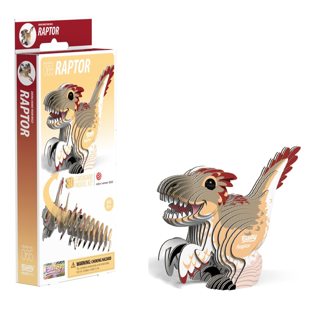 EUGY Raptor 3D cardboard model kit - finished model with its box
