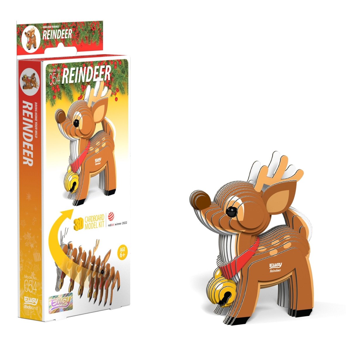 EUGY Reindeer 3D cardboard model kit - finished model with its box