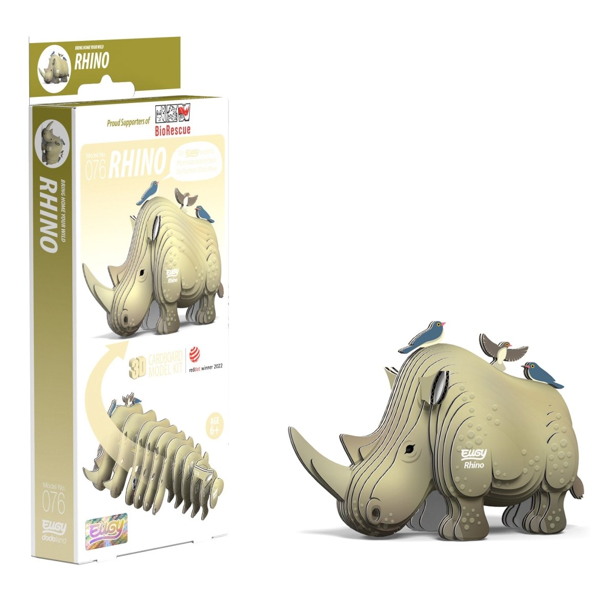 EUGY Rhino 3D cardboard model kit - finished model with its box