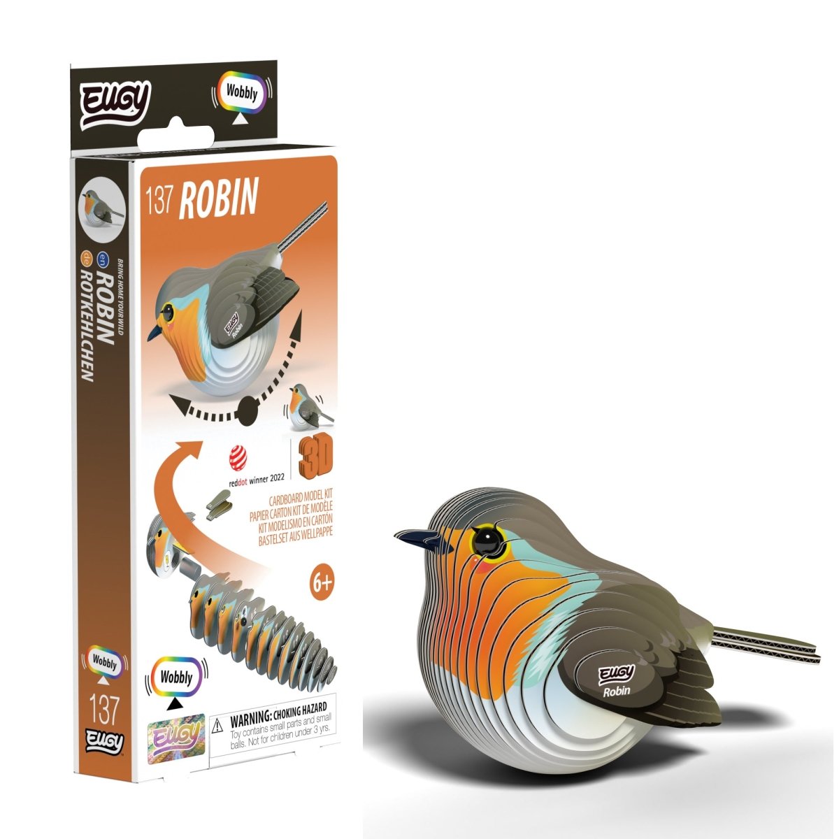 EUGY Robin 3D cardboard model kit - finished model with its box
