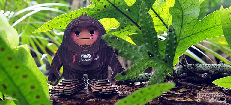 Built EUGY Sasquatch Big Foot card model among green ferns