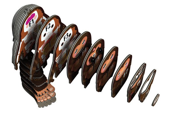 Exploded view of the EUGY Sasquatch Big Foot card slices in assembly order