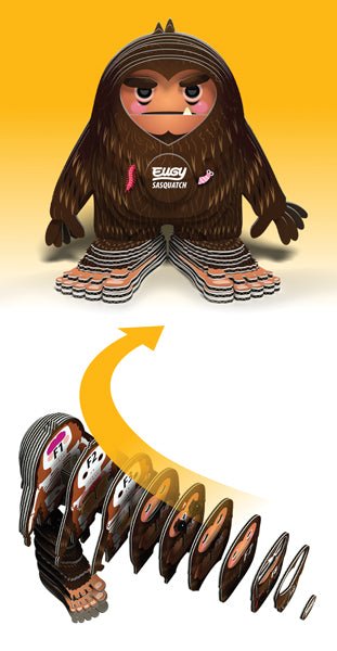 EUGY Sasquatch Big Foot finished model above an exploded view of its numbered card slices