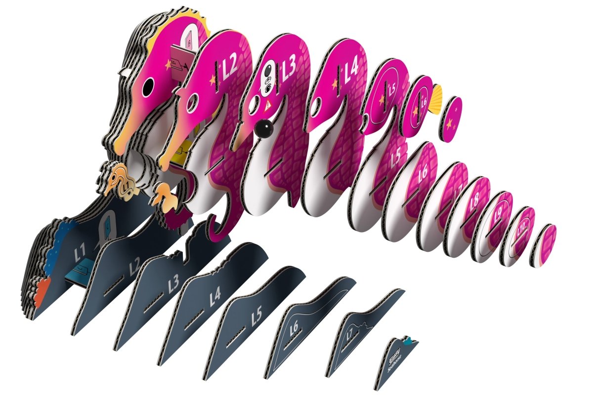 EUGY Seahorse 3D cardboard model kit - exploded view of the numbered layers