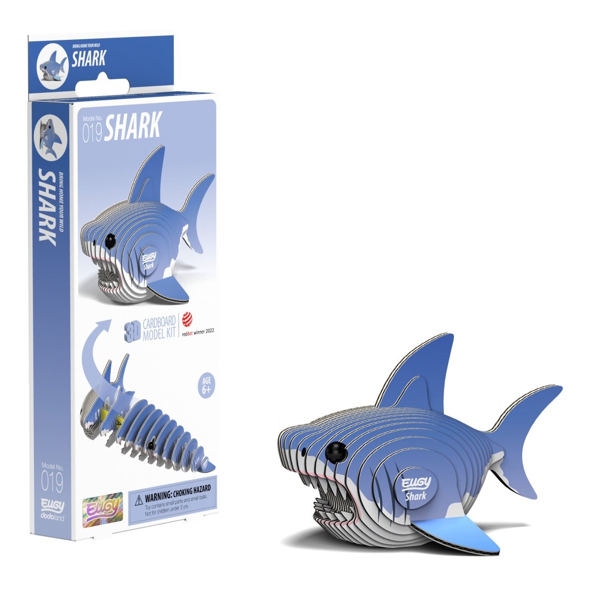 EUGY Shark 3D cardboard model kit - finished model with its box