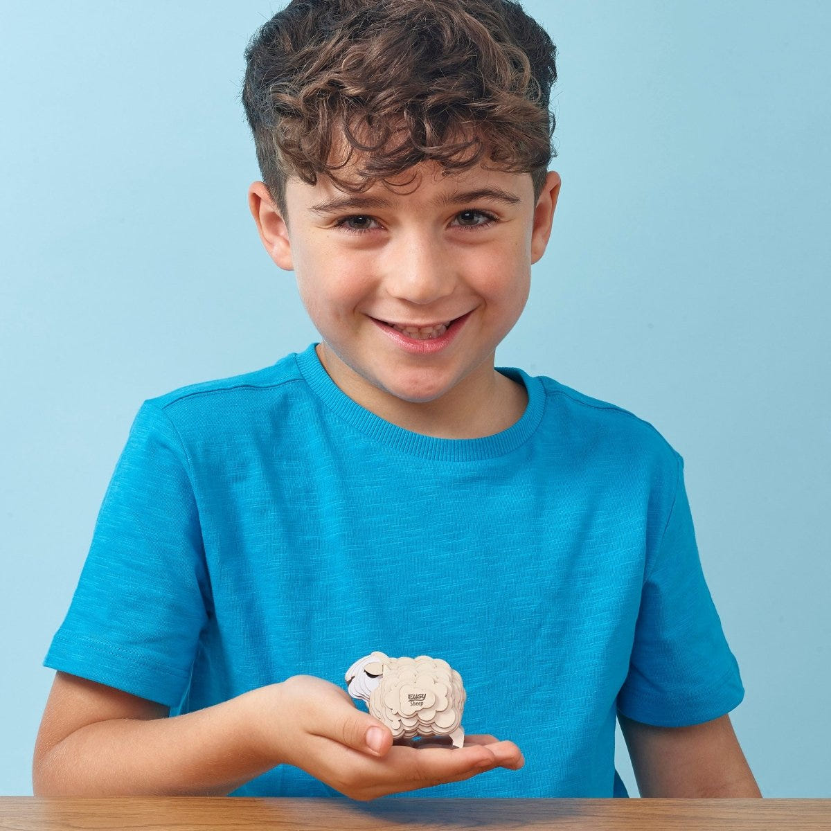 EUGY Sheep 3D cardboard model kit - child with the finished model