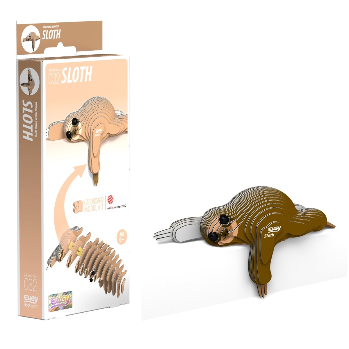 EUGY Sloth 3D cardboard model kit - finished model with its box
