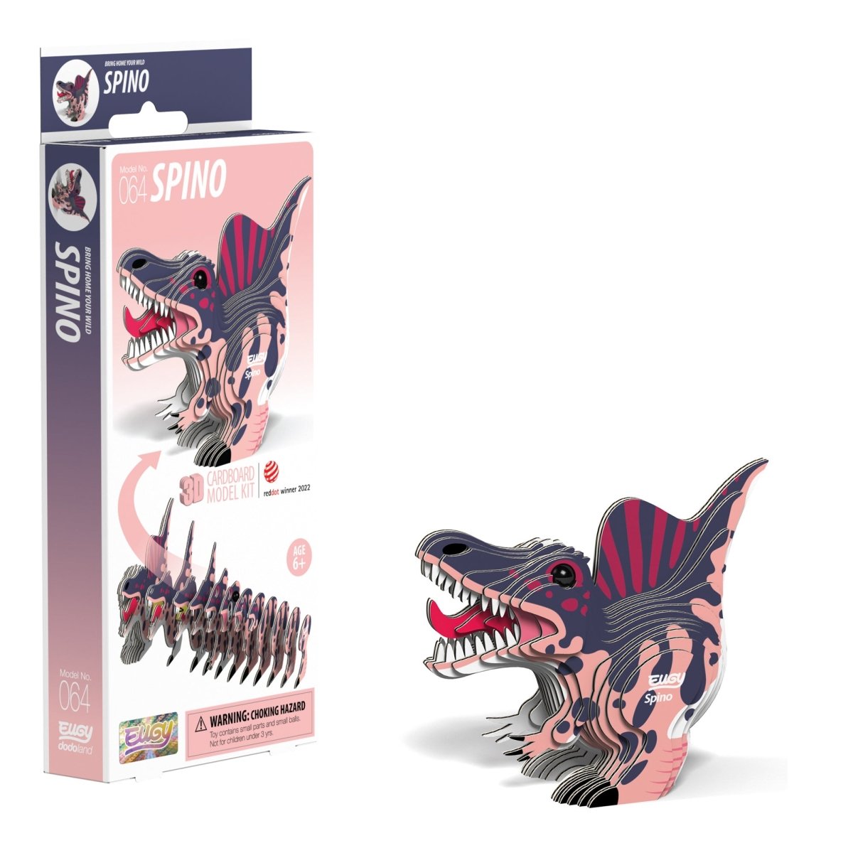 EUGY Spino 3D cardboard model kit - finished model with its box