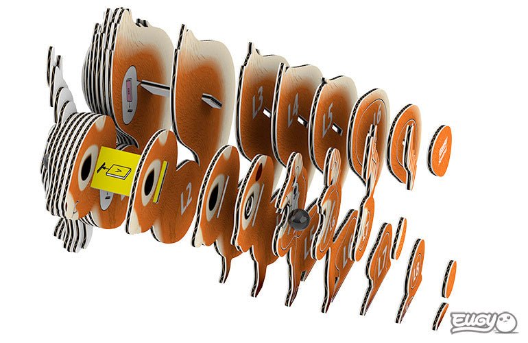 EUGY Squirrel numbered card slices exploded out to show how the model assembles