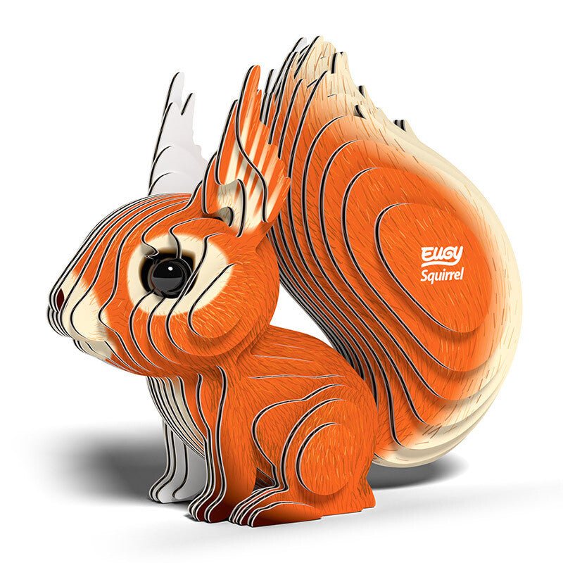 Assembled EUGY Squirrel 3D card model, orange with a big bushy layered tail, left side view