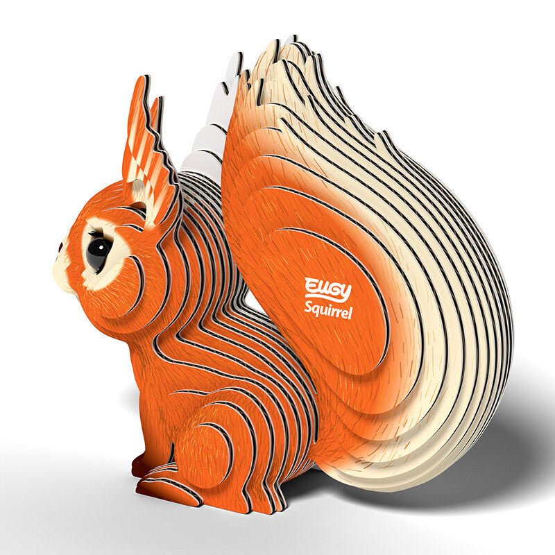 EUGY Squirrel card model three-quarter front view with layered slices visible in the tail