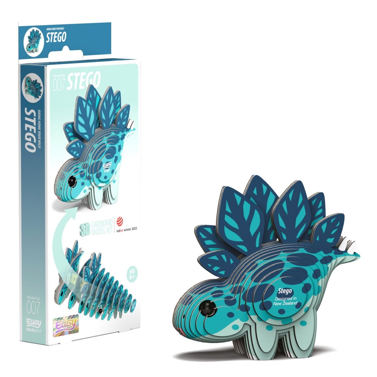 EUGY Stego 3D cardboard model kit - finished model with its box