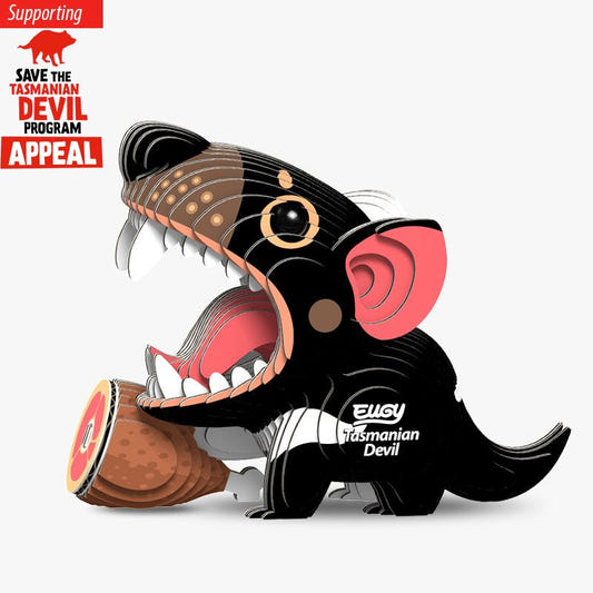 EUGY Tasmanian Devil 3D card model, assembled, with Save the Tasmanian Devil appeal badge