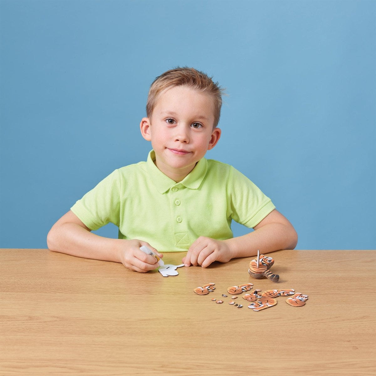 EUGY Tiger 3D cardboard model kit - child gluing the pieces