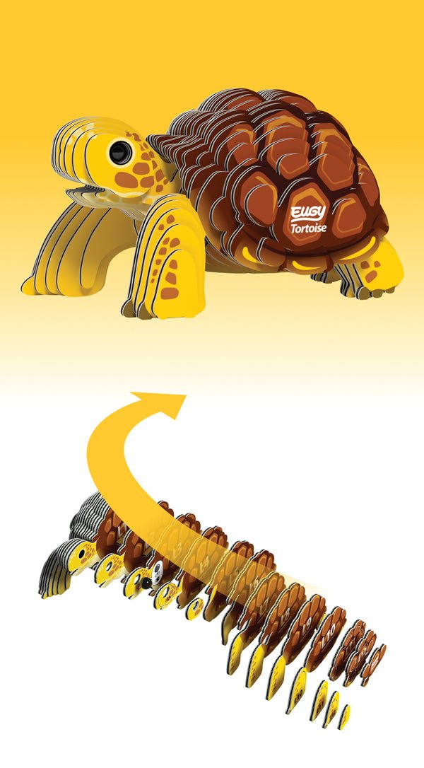 EUGY Tortoise finished model above its numbered card slices showing the build sequence