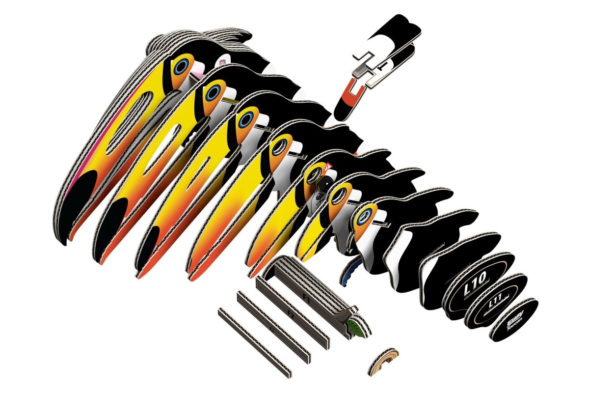 EUGY Toucan 3D cardboard model kit - exploded view of the numbered layers