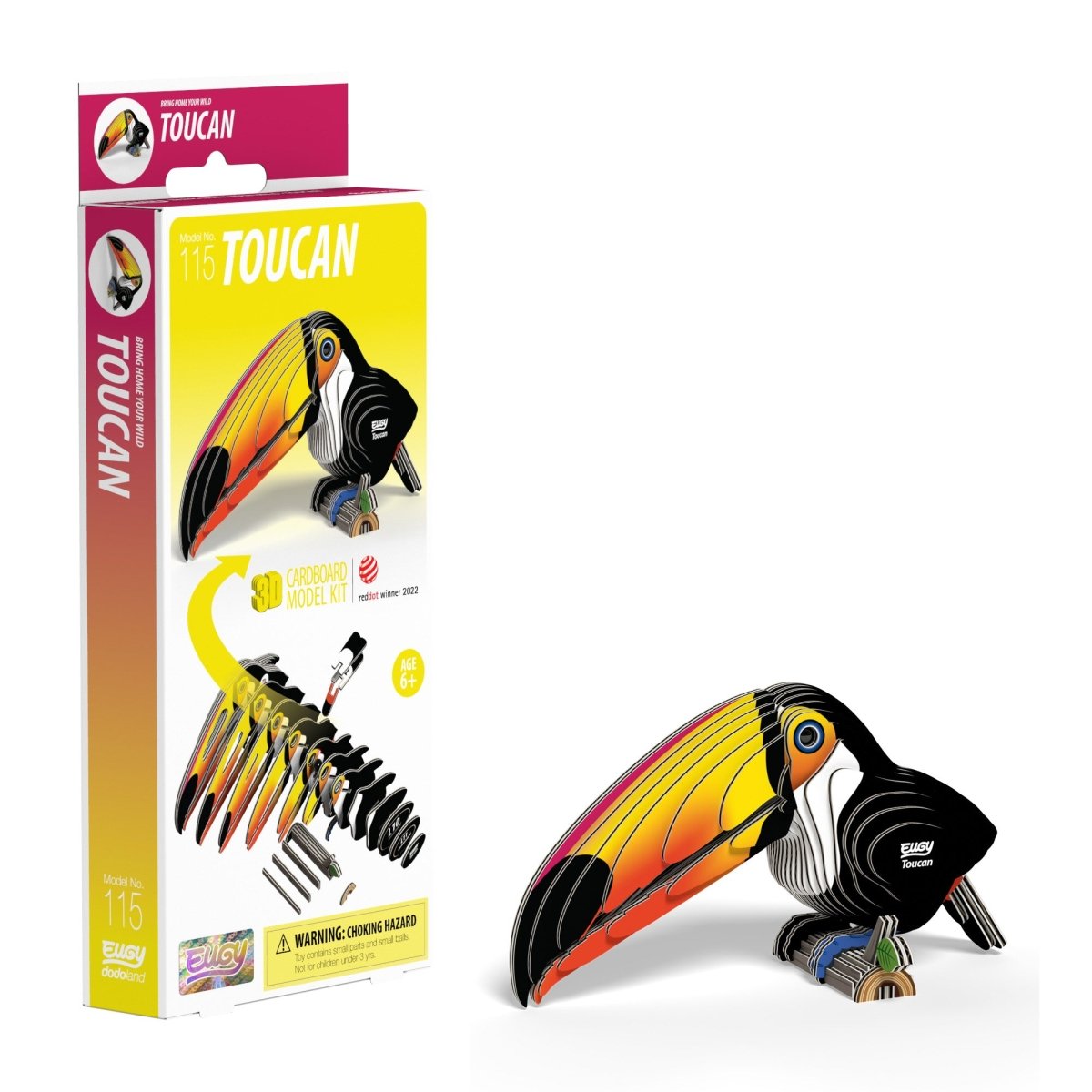 EUGY Toucan 3D cardboard model kit - finished model with its box