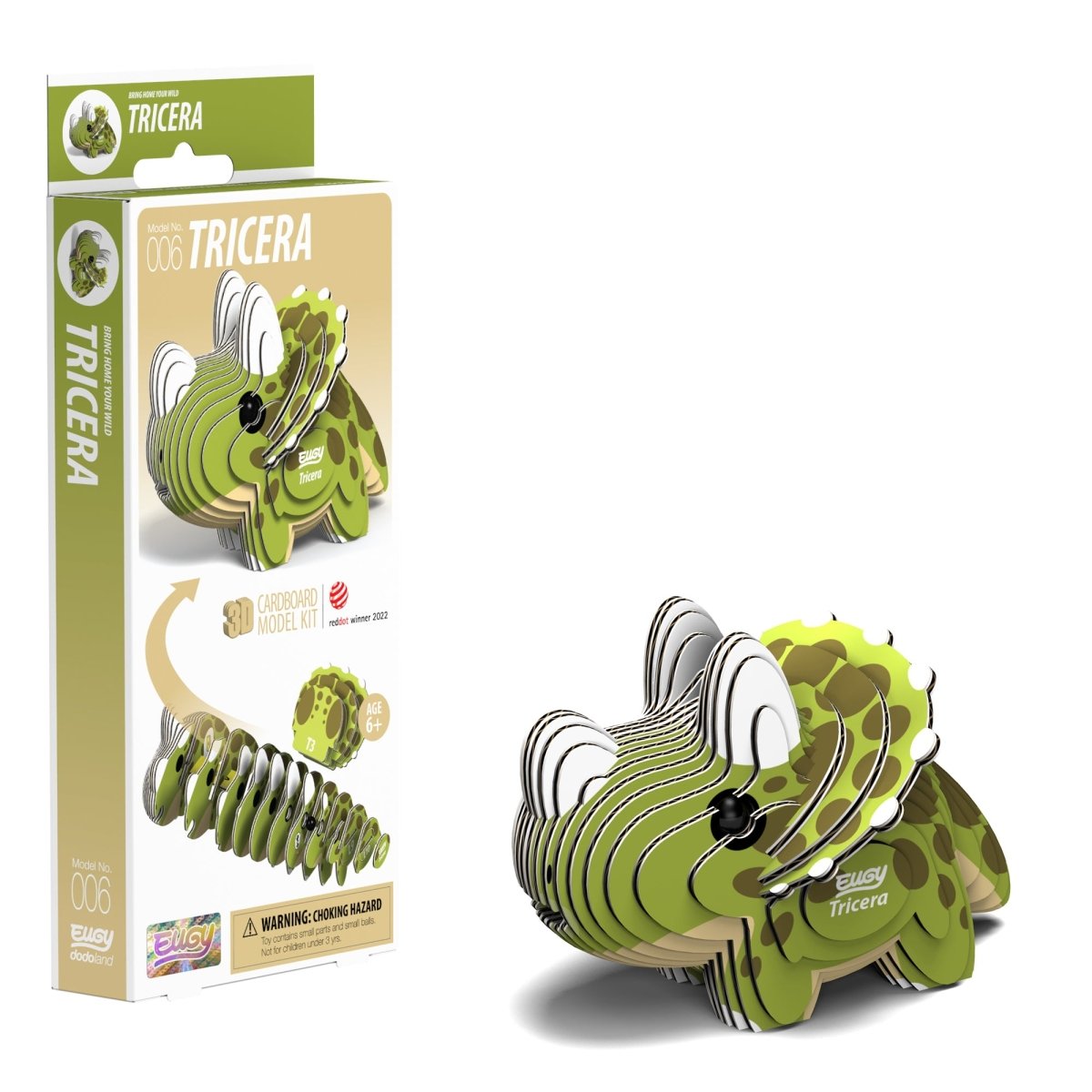 EUGY Tricera 3D cardboard model kit - finished model with its box