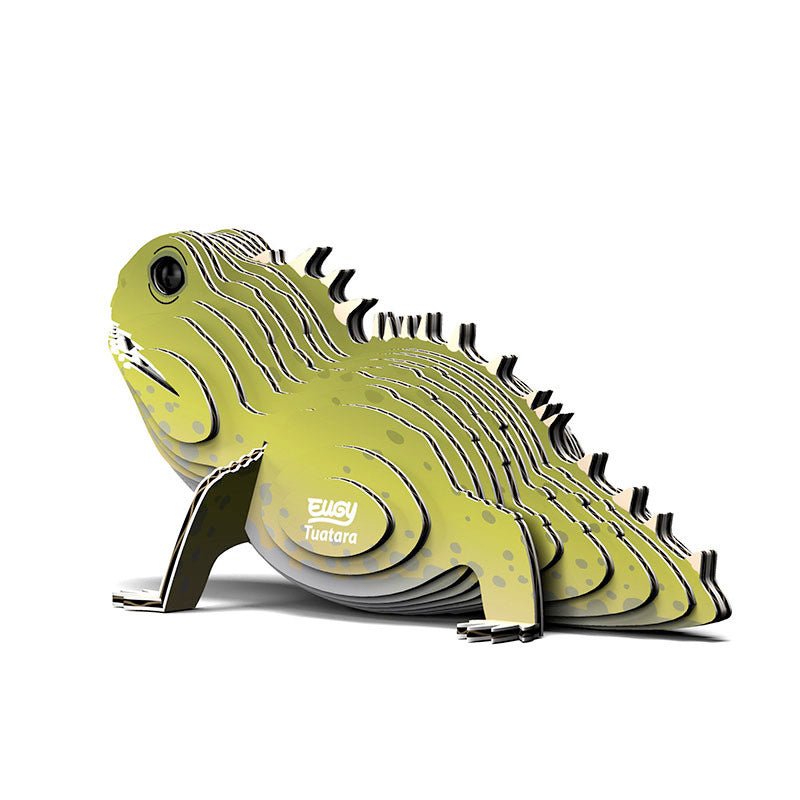 Assembled EUGY Tuatara card model showing its spiny crest, three-quarter view