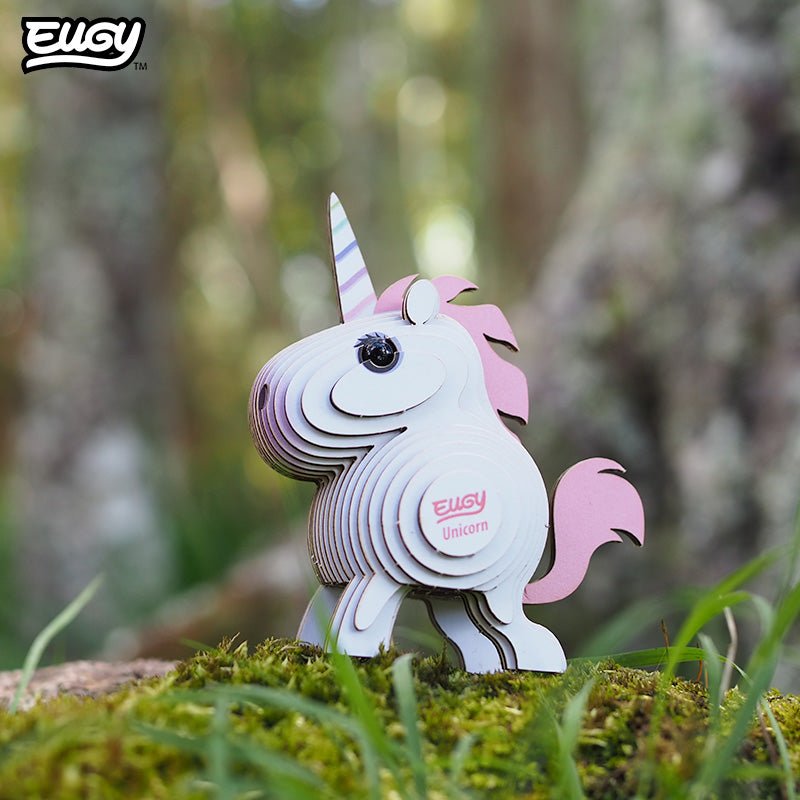EUGY Unicorn 3D cardboard model kit - built model on display