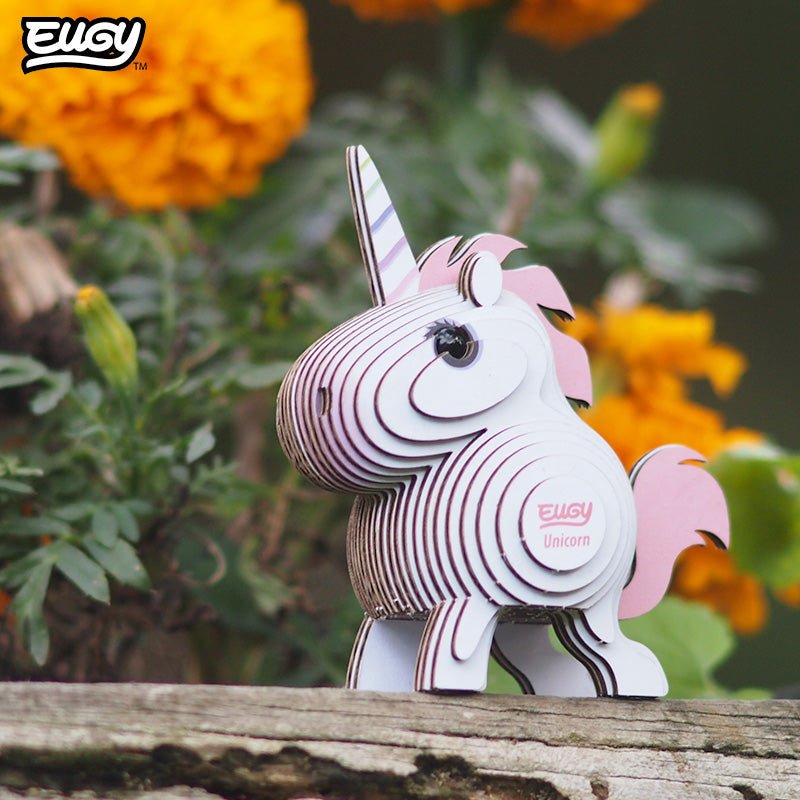 EUGY Unicorn 3D cardboard model kit - built model on display